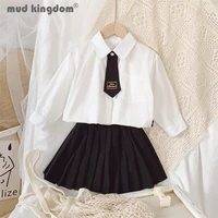 mudkingdom girl jk set solid long sleeve turn down collar shirts pleated skirt preppy style outfits for little girls autumn sets