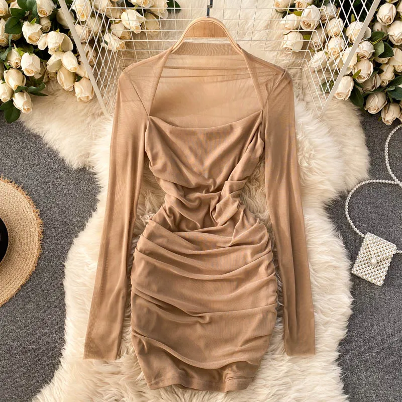 

Женское Плиссированное мини-платье, прозрачное Сетчатое платье с длинным рукавом и квадратным вырезом, вечернее сексуальное Клубное плать...