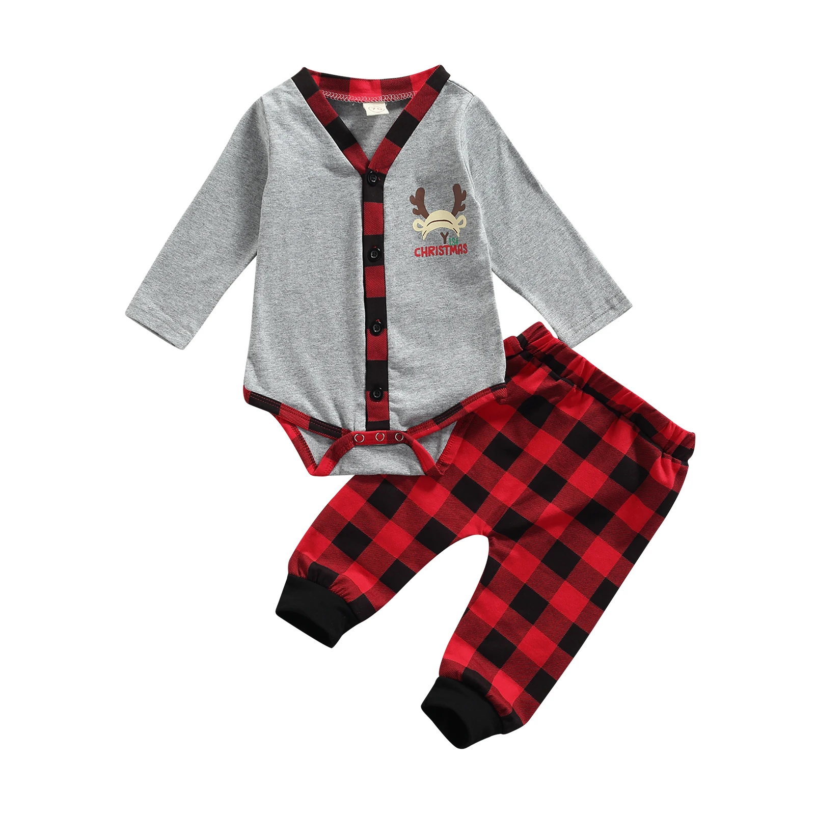

2021 0-18M Baby Boy Christmas Clothing Elk Print Long Sleeve Button Down Letter Romper+Plaid Pants Set Casual Costume 2pcs