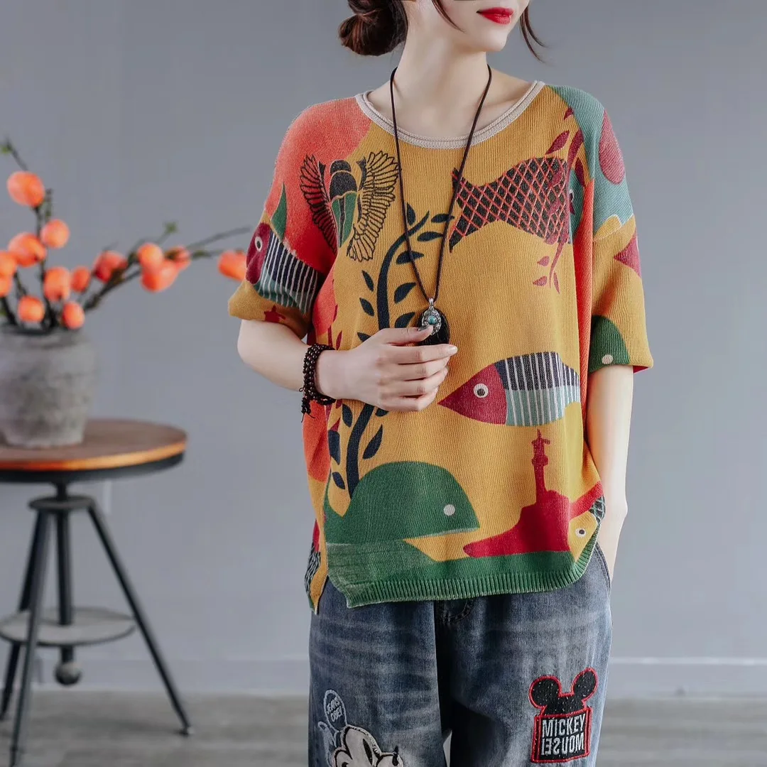 

Casual Arts Vintage Print Tshirt Women Cotton Linen Pullovers Knitted T Shirt Plus Size Sweater Tops Blusas De Mujer Knitwear