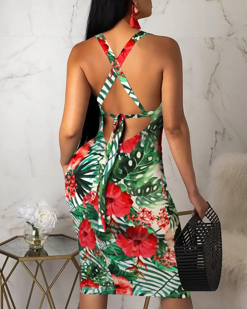 

Fashion Womens Tight Sexy Sling Hawaiian Dress Ladies Sleeveless Summer Boho Printed Beach Casual Loose Sundress
