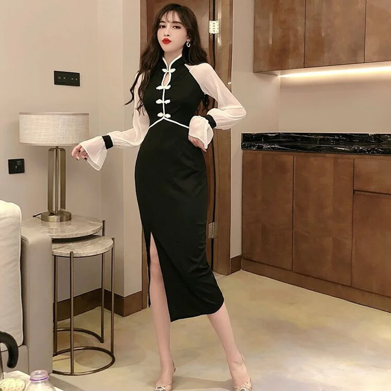 

Gegejia Autumn Sexy Socialite Waist-Tight Improved Cheongsam Chiffon Sleeves Fashion Dress Slim Fit Slit Long Dress