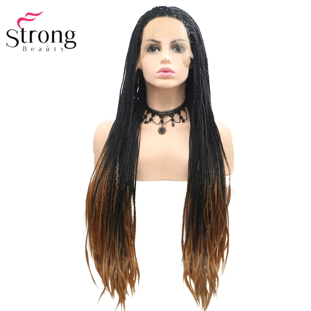 StrongBeauty коробка коса Кружева спереди длинный черный парик Омбре Синтетический Плетеный ящик косы парики для женщин