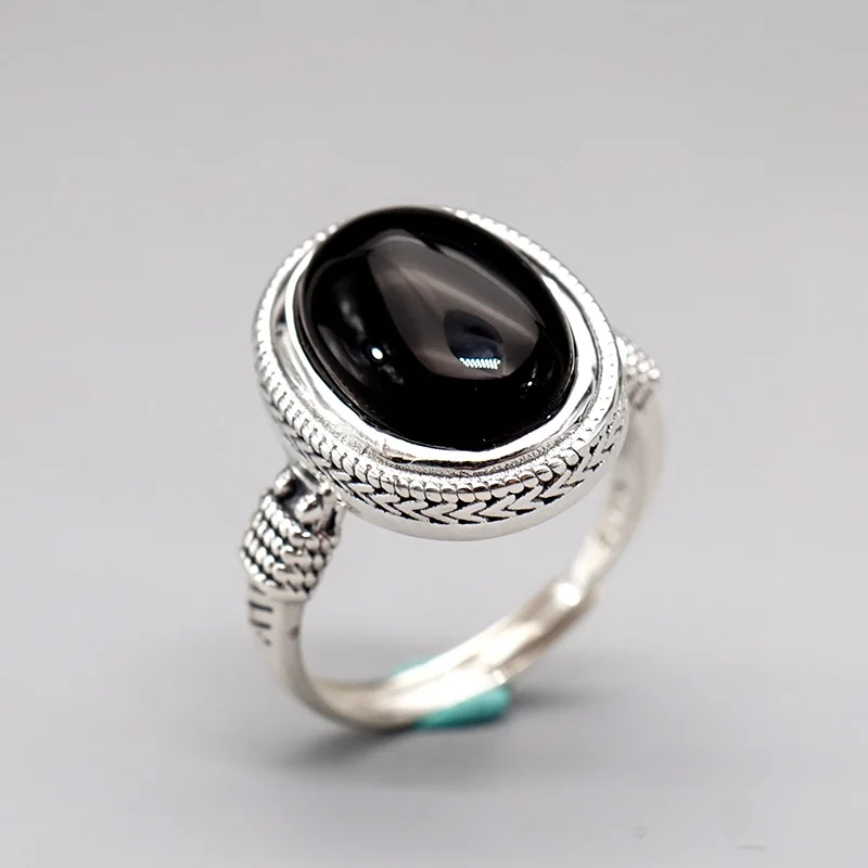 

S925 Sterling Silver Open-End Ring Natural Black Agate Egg Noodles Retro Personalized Fashion Women's Baita Gift