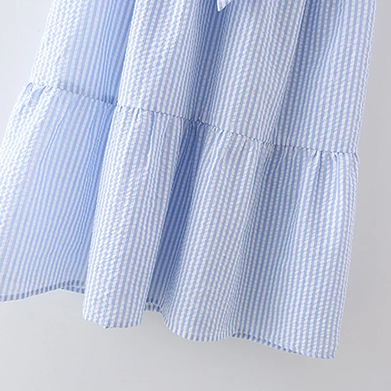 

Alldoke Striped Bow Lace Up Midi Dress Women Summer 2021 V-neck Flare Sleeve High Waist A-line Vintage Dresses Femme Vestidos