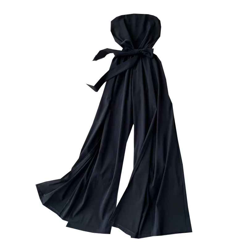 

Strapless Jumpsuits For Women Solid Slash Neck Chiffon Belt Wide Leg Ankle Length Lady Elegant Pants Top Quality