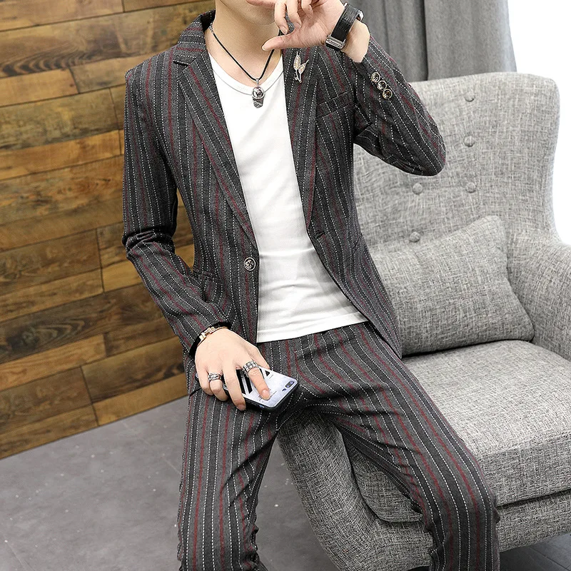 2020 мужской костюм в Вертикальную Полоску красивый жениха свадебное платье два