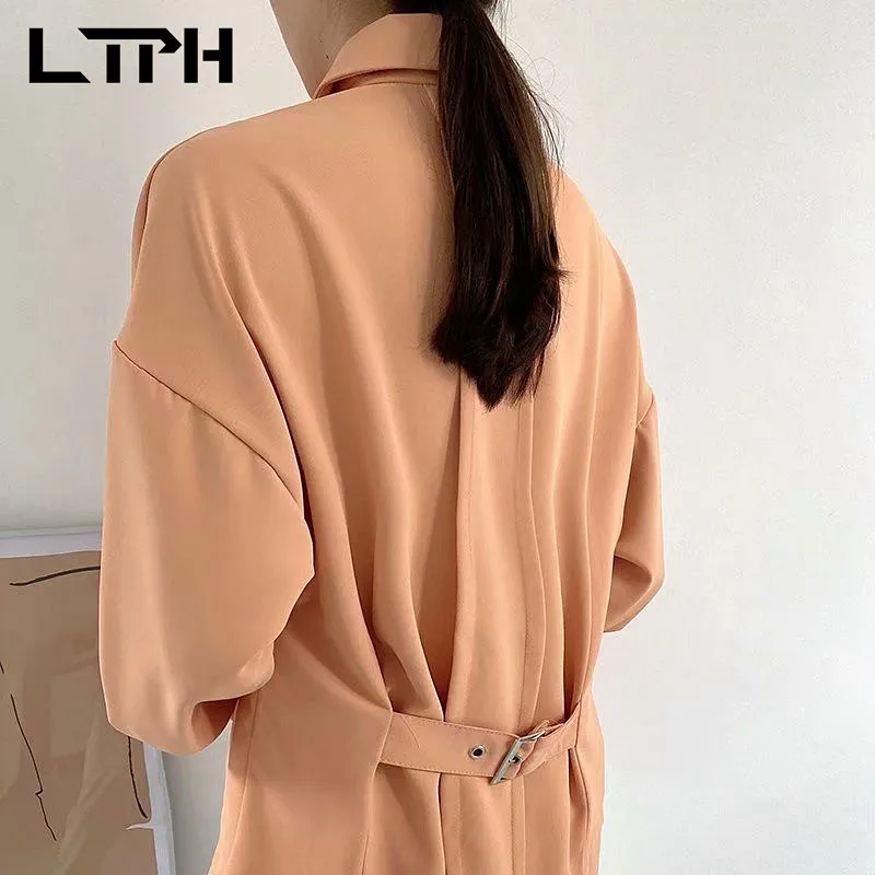 

LTPH French vintage blouses simple Solid color women shirts Casual Business Single Breasted necktie tops 2021 Spring Autumn New