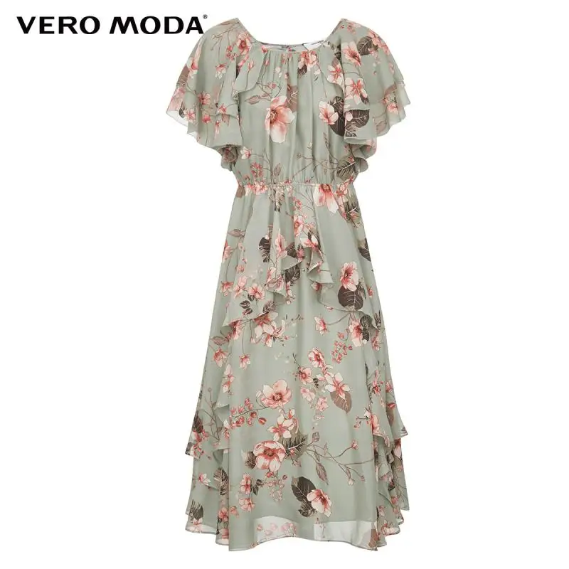 

Vero Moda Women Vintage Floral Printed Ruffle Butterfly Sleeves Holiday Summer Chiffon Dress | 32027B557