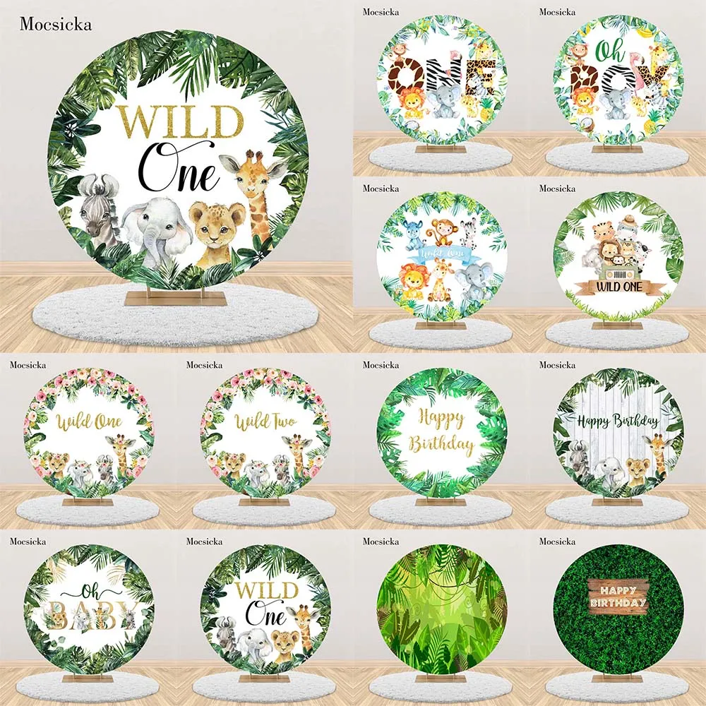 

Mocsicka Round Backdrop Cover Forest Jungle Safari Baby Wild One Birthday Photo Background Baby Shower Circle Backdrops Elastic