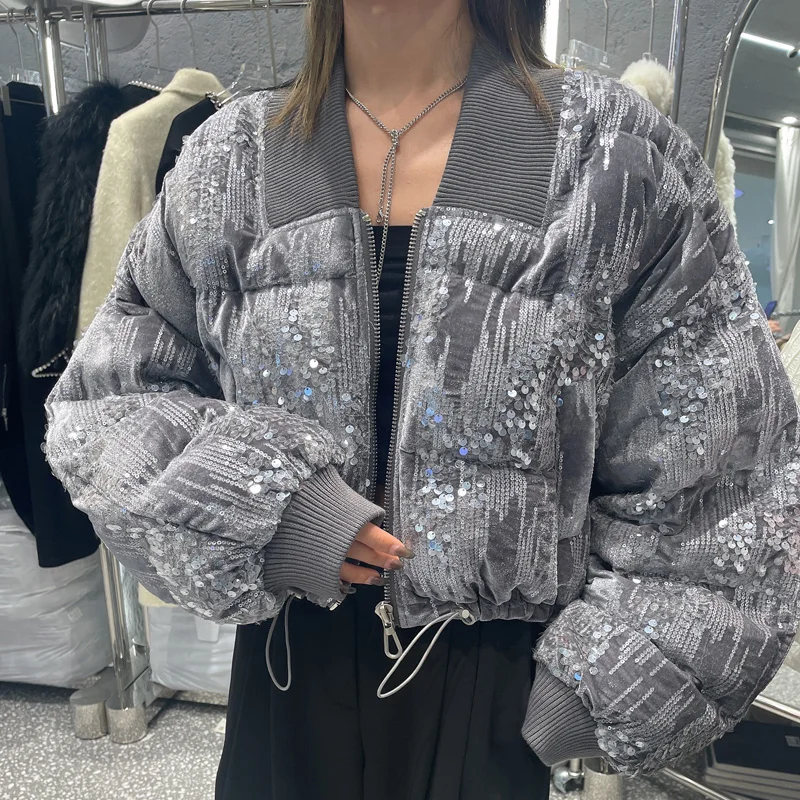 

Designer sequins embroidery loose casual women's short down down jacket 2021New ladies winter fashion high-quality coat bra y2k