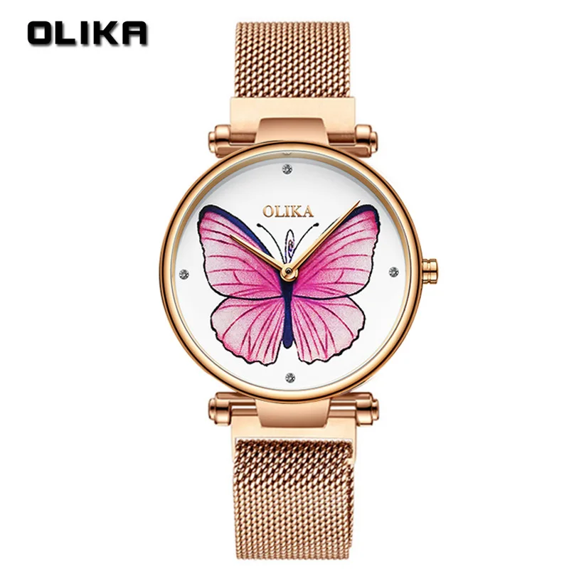 Роскошные женские часы Olika повседневные с бабочками магнитные наручные для
