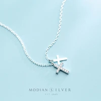 modian fashion shiny zircon and glossy cross pendant necklace for women pure 925 sterling silver long chain necklace jewelry