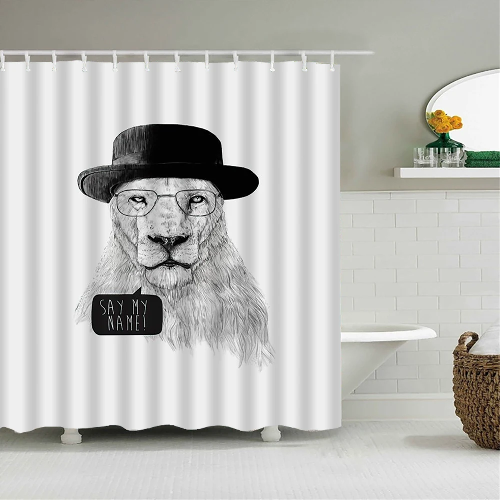 

Шторы для душа из ткани с принтом льва, водонепроницаемые простые белые занавески для ванной комнаты с 12 крючками, с рисунком животных