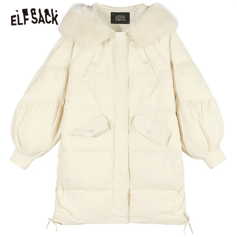 

ELFSACK Solid Pure Oversize Hooded 90% White Duck Down Coat Women,2020 Winter ELF Fur Collar Korean Ladies Daily Warm Outwear