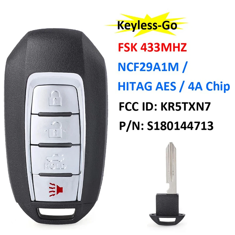 

CN021006 Aftermarket 4 Button Smart Remote Key FSK 433Mhz NCF29A1M AES 4A Chip For Infinit Q50 Q60 FCC ID KR5TXN7 S180144713