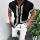 2021 Гавайская Хенли Высококачественная рубашка Новинка Мужская рубашка Летняя этнический принт воротник-стойка полосатый свободный отворот короткий рукав