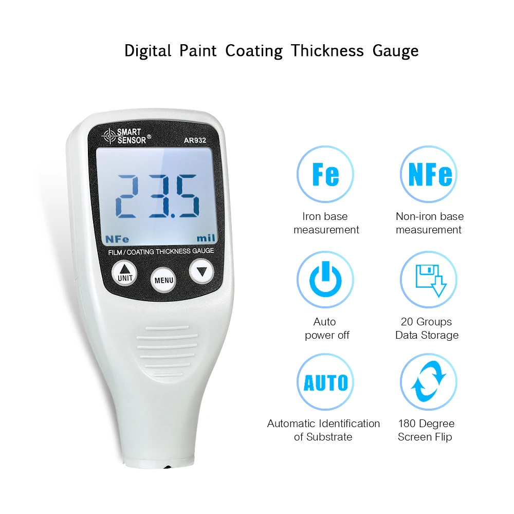 

SMART SENSOR Paint Coating Thickness Gauge Coatings Tester Fe/NF Probe Detector Automotive Refinishing Paint Tester (0~1700um)
