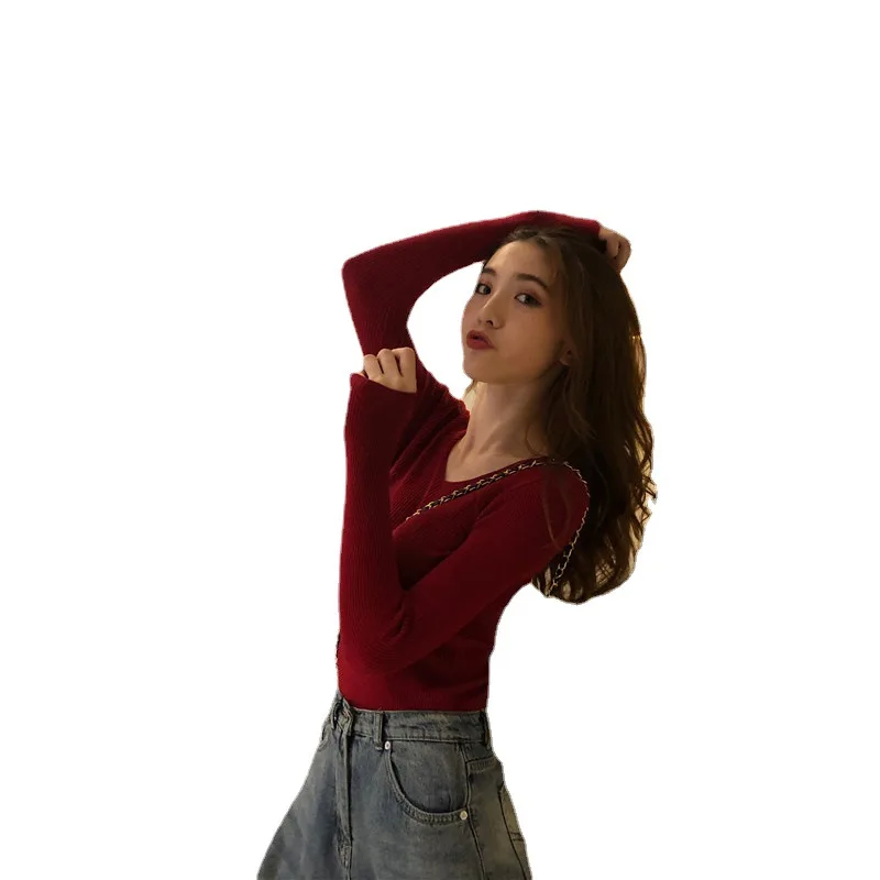 

2021 Autumn New Long Sleeved V-neck Casual Tight Inside Knitted Sweater Women's Bottomed Shirt Women's Fashion Dropshipping