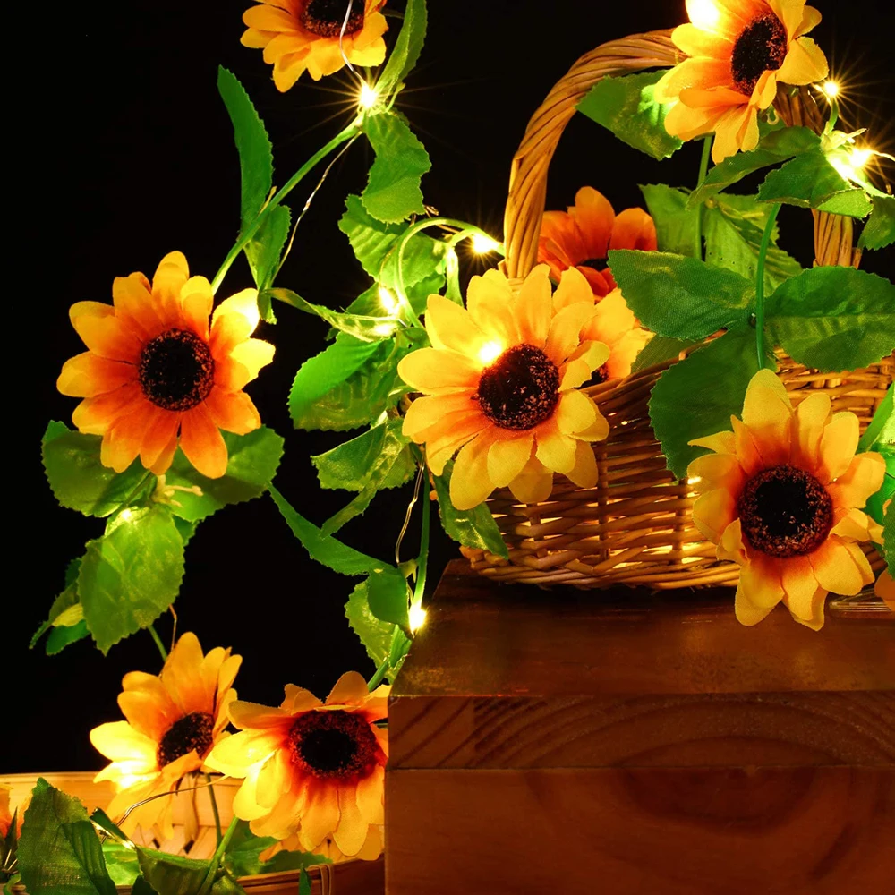

Artificial Sunflower Garland String Lights Battery Operated 2M 20leds Green Leaf Wedding Valentine's Day Christmas Decor lamp
