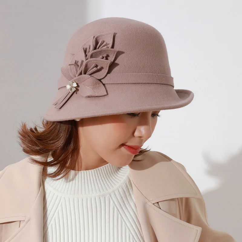 

Autumn Winter 100% Wool Felt Fedora Hats For Women Wide Brim Church Vintage Bowler Hat Dome Crimping Chapeus Cap