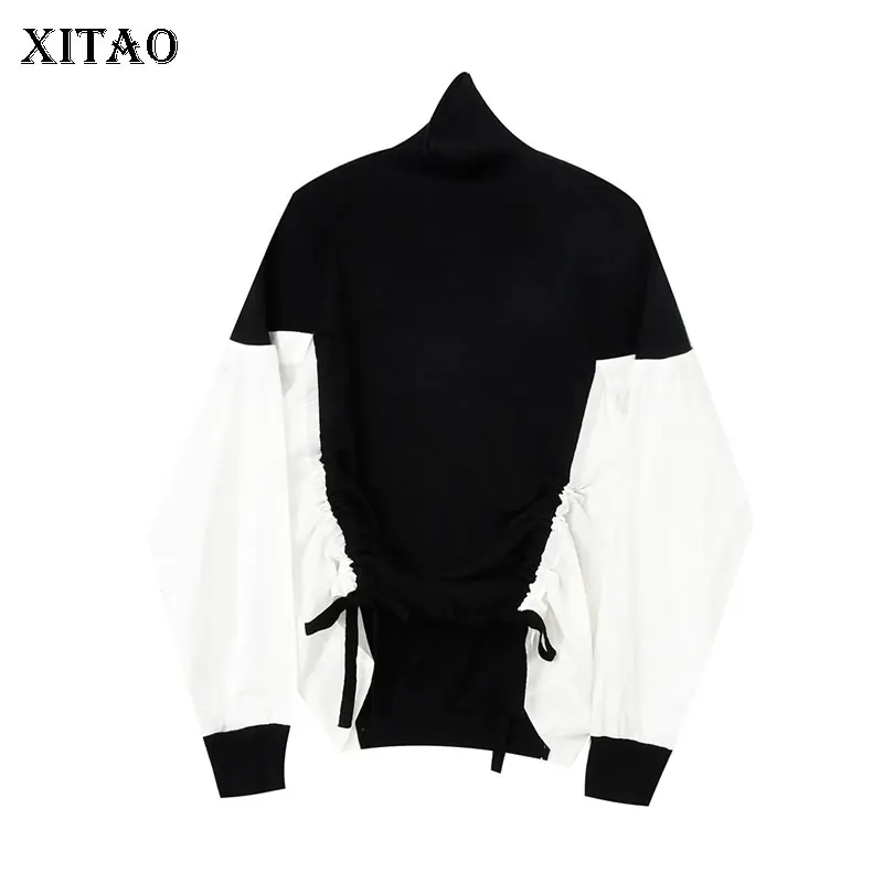 

XITAO New Women Pullover Sweater Fashion Knitting Draw String Patchwork False Two Pieces Top Autumn Winter All-match WLD6529