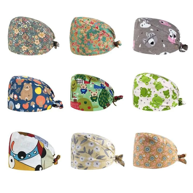 

Fashion Cartoon Printed Cotton Polyester Breathable Nurse Beauty Cap Cap Hospital Salon Pet Surgeon Women Cap Hats Dentist M4G1