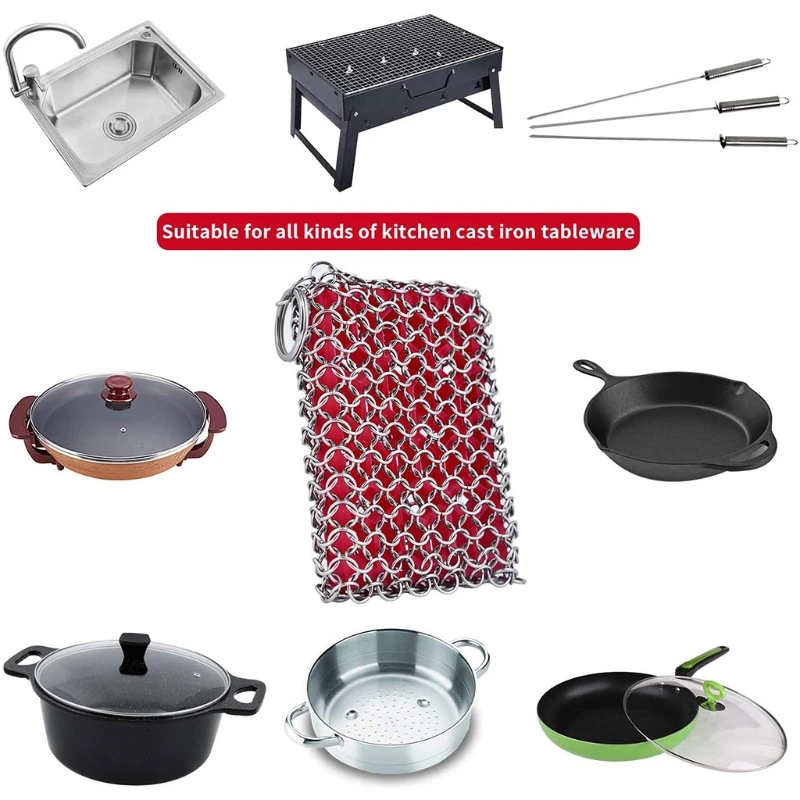 Cast Iron Stainless Steel Cleaner Chainmail Scrubber for skillet Wok Pot Pan Pre-seasoned Barbecue Kitchen Cleaning Accessories |