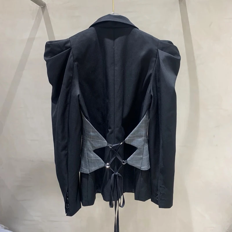 

GALCAUR Patchwork Blazer For Women Notched Collar Puff Long Sleeve Plaid Hit Color Designer Loose Coats Female 2020 New Clothing