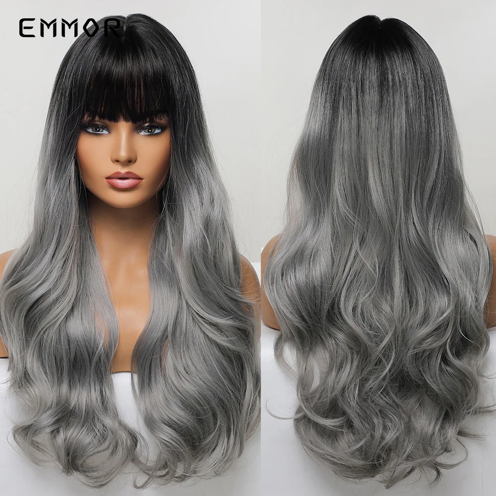 Emmor  Synthetic Ombre Black to Gray Wigs Natural Wavy Hair Wig with Bangs for Women Cosplay Heat Resistant Fiber Daily Wigs
