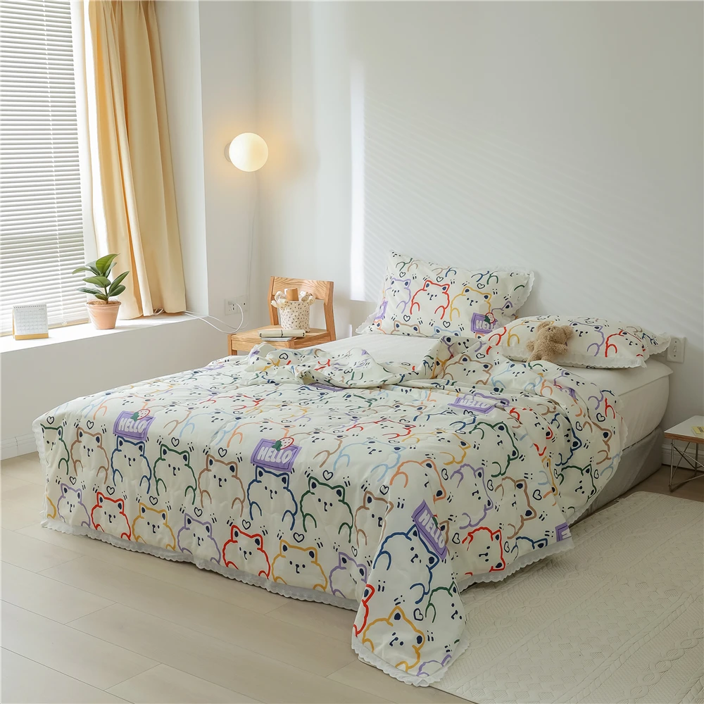 

Lovely Cats Printed Children Summer Cool Quilt Bedspread Lace Decor Air Conditioned Duvet Adults Cotton Home Summer Quilt only