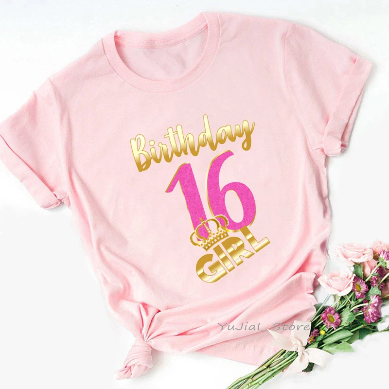 

16th Birthday Gift Crown Graphic Print Tshirts Women Pink T Shirt Femme Harajuku Kawaii Clothes Female T-Shirt Streetwear