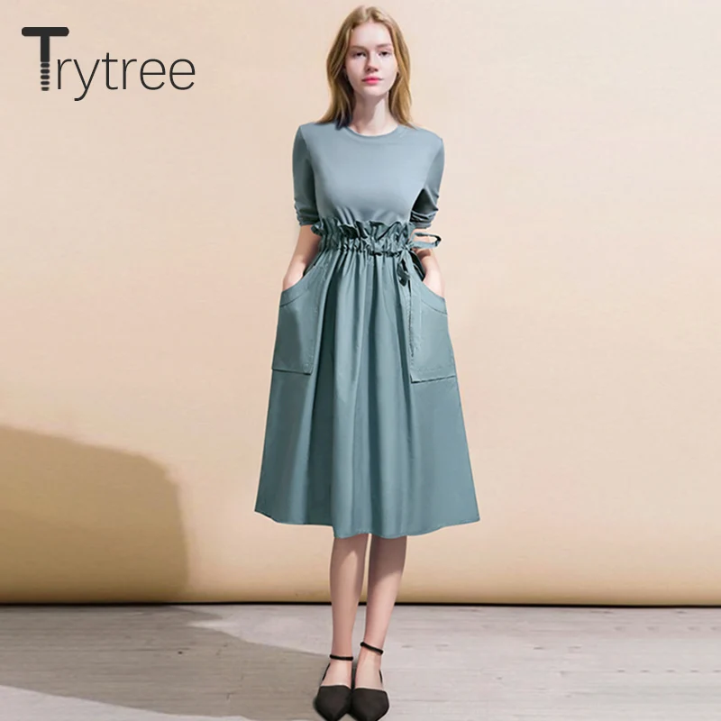 Осенне зимнее повседневное женское платье Trytree 2020 свободное модное однотонное