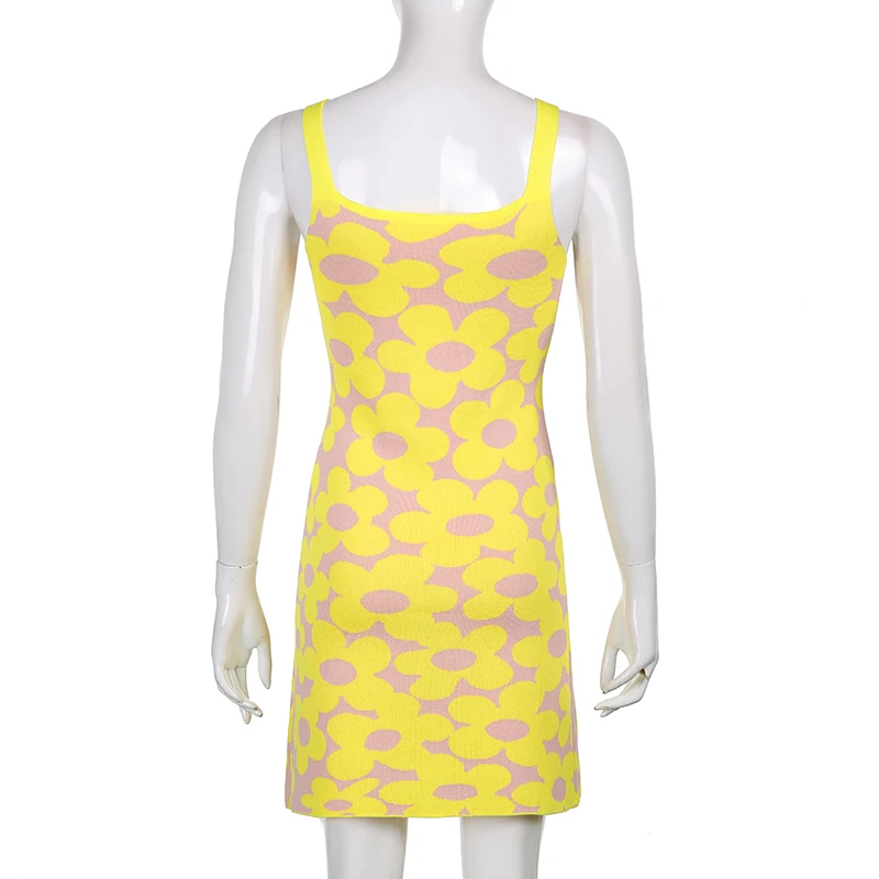 

Kawaii Floral Print Y2k Knitted Dress Women 2021Summer Holiday Sundress Sleeveless Sweet Girl Mini Dresses Streetwear Outfit