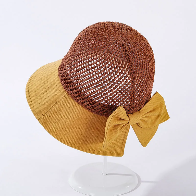 

2020 New Bow Sun Hat Cap Wide Brim Floppy Top Summer Hats For Women Beach Panama Straw Dome Bucket Hat Hollow Out Visor Bonnet
