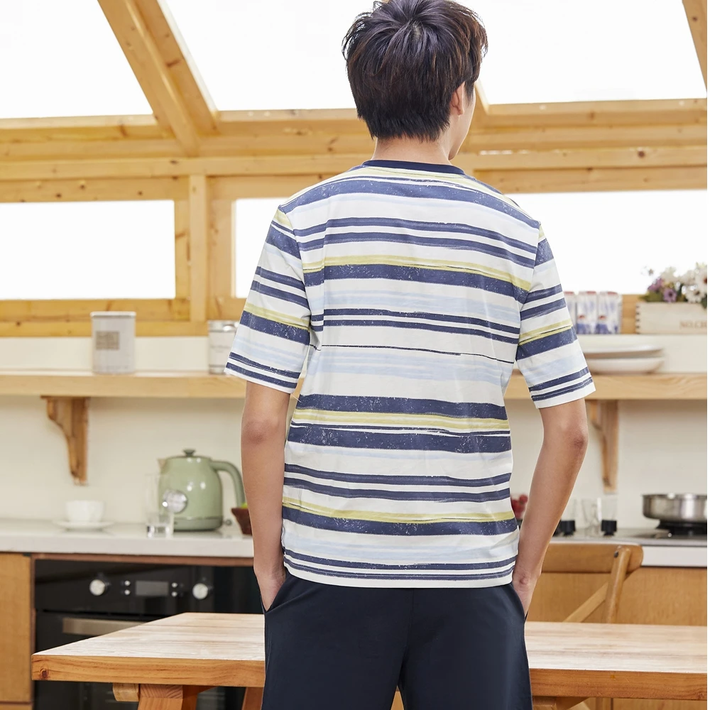 Conlia Men's Short Sleeve Cotton Pajamas Striped Pyjama Sleepwear Tops Pants Suit Loungewear 2020 Plus Size Home Wear