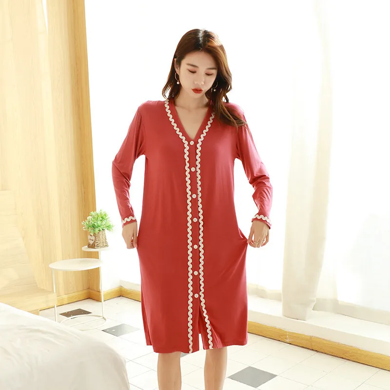 

Spring Summer Modal Nightdress Cardigan Pajamas Long Sleeve Midi Dress Speepwear Casual Home Clothes Women Nightwear Nightgowns