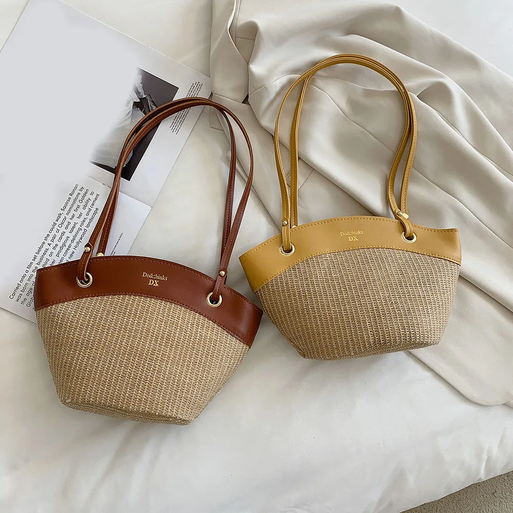 

Fashion Women PU Leather Woven Patchwork Contrast Color Shoulder Shopper Bag Summer Beach Ladies Large Capacity Tote Handbags