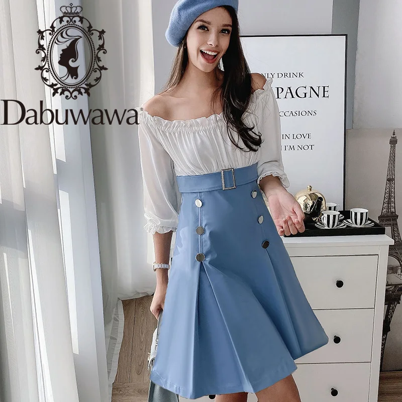 

Женское лоскутное платье-трапеция Dabuwawa, белое и синее платье с воротником-лодочкой и коротким рукавом, офисное платье на пуговицах, D18CDR067, на...