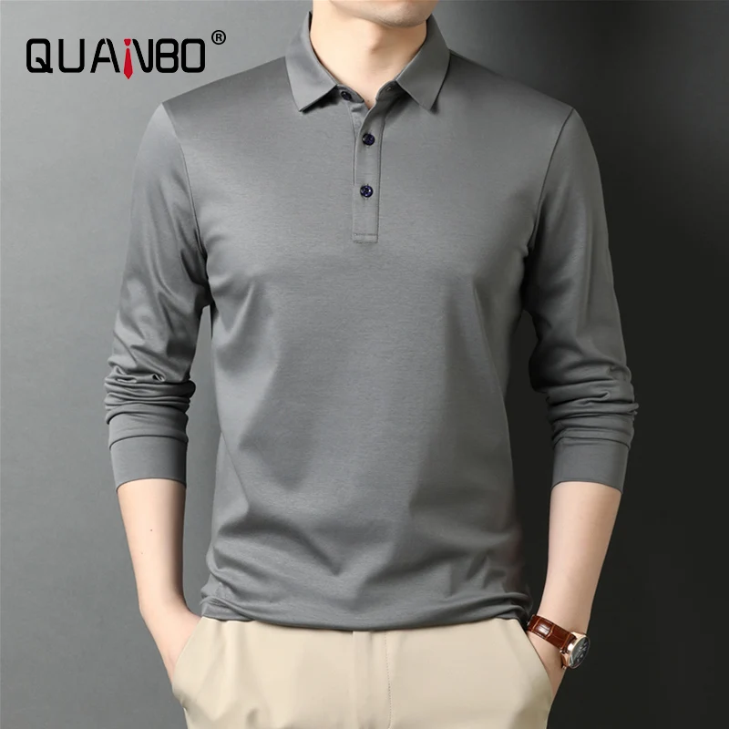 

QUANBO High Quality 100% Mercerized Cotton Long Sleeve Polo-Shirt Men Tops 2021 New Spring Autumn Classic Casual Pure Color Top