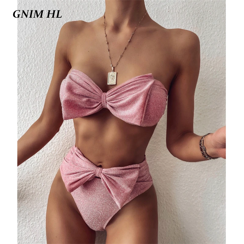 

GNIM Sexy Bow Bandeau Bikini Swimsuit Women 2020 High Waist Shiny Swimwear Women Beachwear Solid Bathing Suit Two Pieces Biquini