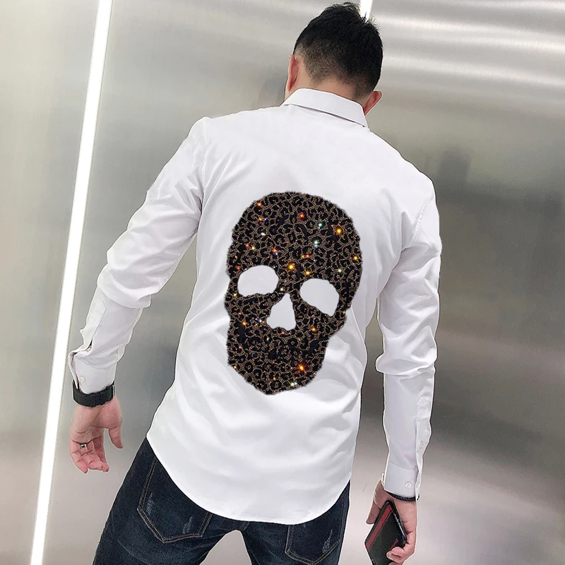 

European Golf Skull Hot Drilling Men's Shirt Non-Ironing Personality Classic Trend Loose Youth Long-Sleeved Clothing