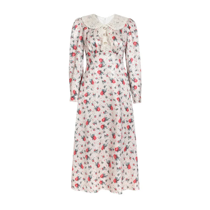 

Korean Fashion Elegant Floral Printed Dresses for Women 2021 New Spring Autumn Vintage Long Sleeve Midi Dress Female