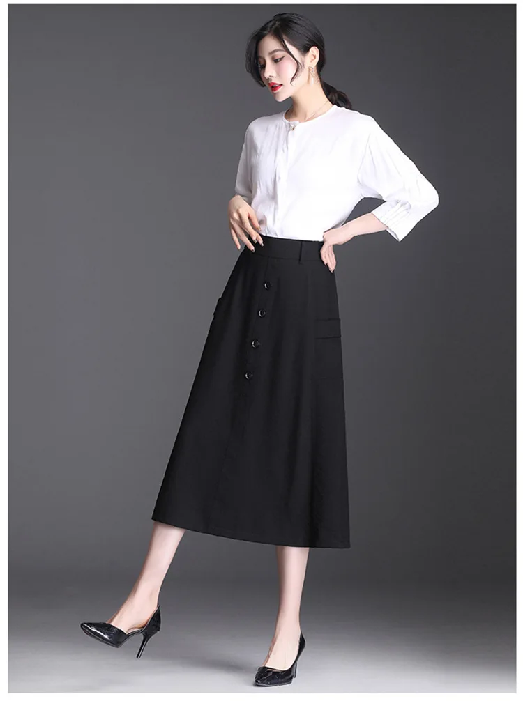 

Spring Summer Women Black Casual A-line High Waist Skirt Office Lady Elegant Korean Plus Size Loose Mid-long Work Skirts 0615