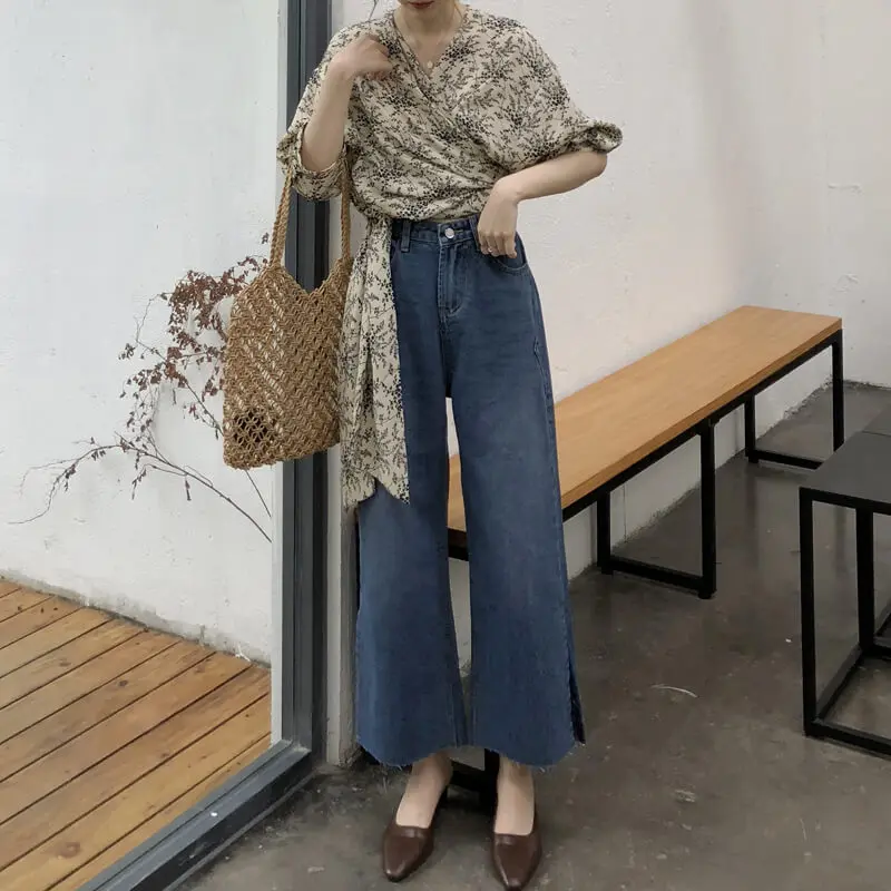 

GOOHOJIO 2020 Skyblue Vintage Harajuku Straight Denim Jeans High Waist Jeans Women Casual Wide Leg Denim Pants Women Trousers