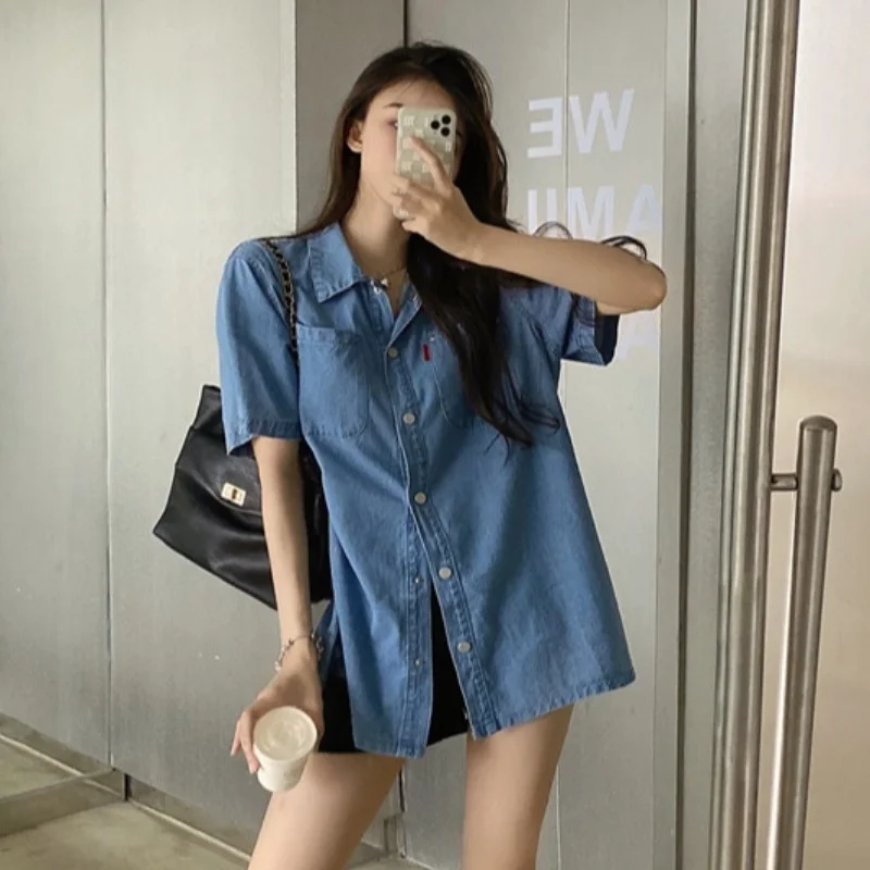 Женская джинсовая рубашка в гонконгском стиле свободная летняя одежда средней и