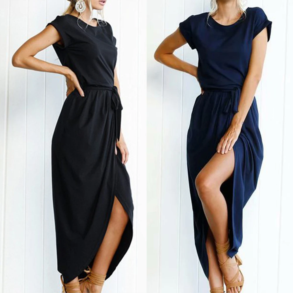 Женское однотонное платье с коротким рукавом трикотажное длинное пляжное