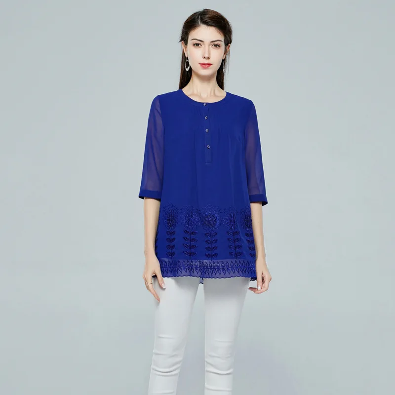 

Blusas Feminino 2020 Summer Fashion Blue Women Flora Leaves Embroidery 3/4 Sleeve Casual Vintage Tops Blouse Plus Size 4XL