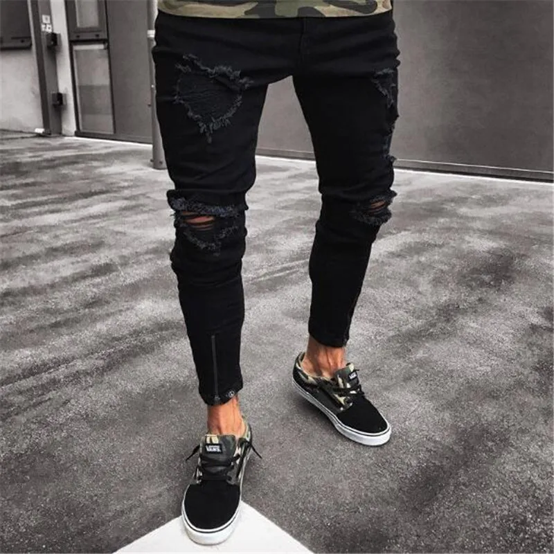 

Mens Cool Designer Brand Black Jeans Skinny Ripped Destroyed Stretch Slim Fit Hop Hop Pants With Holes For Men