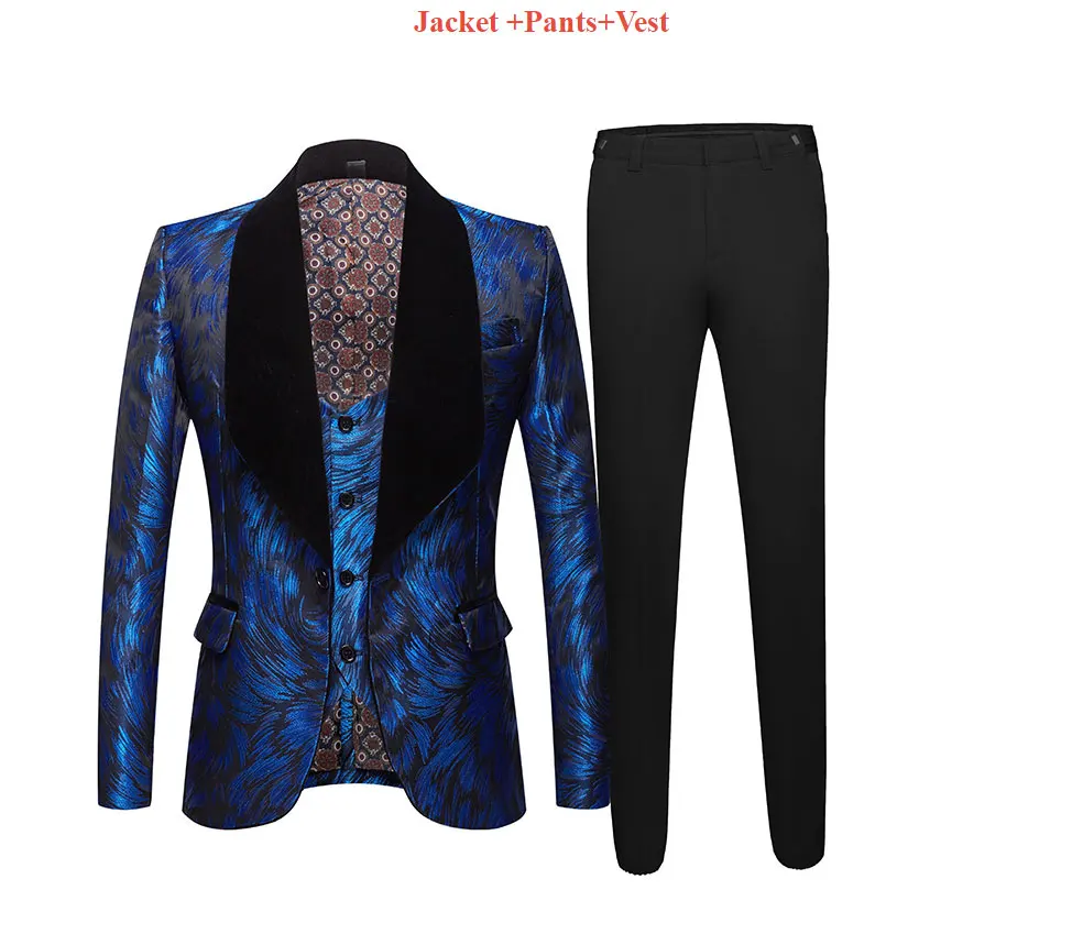 Мужской Жаккардовый костюм блейзер с жилетом и брюками большой черный воротник